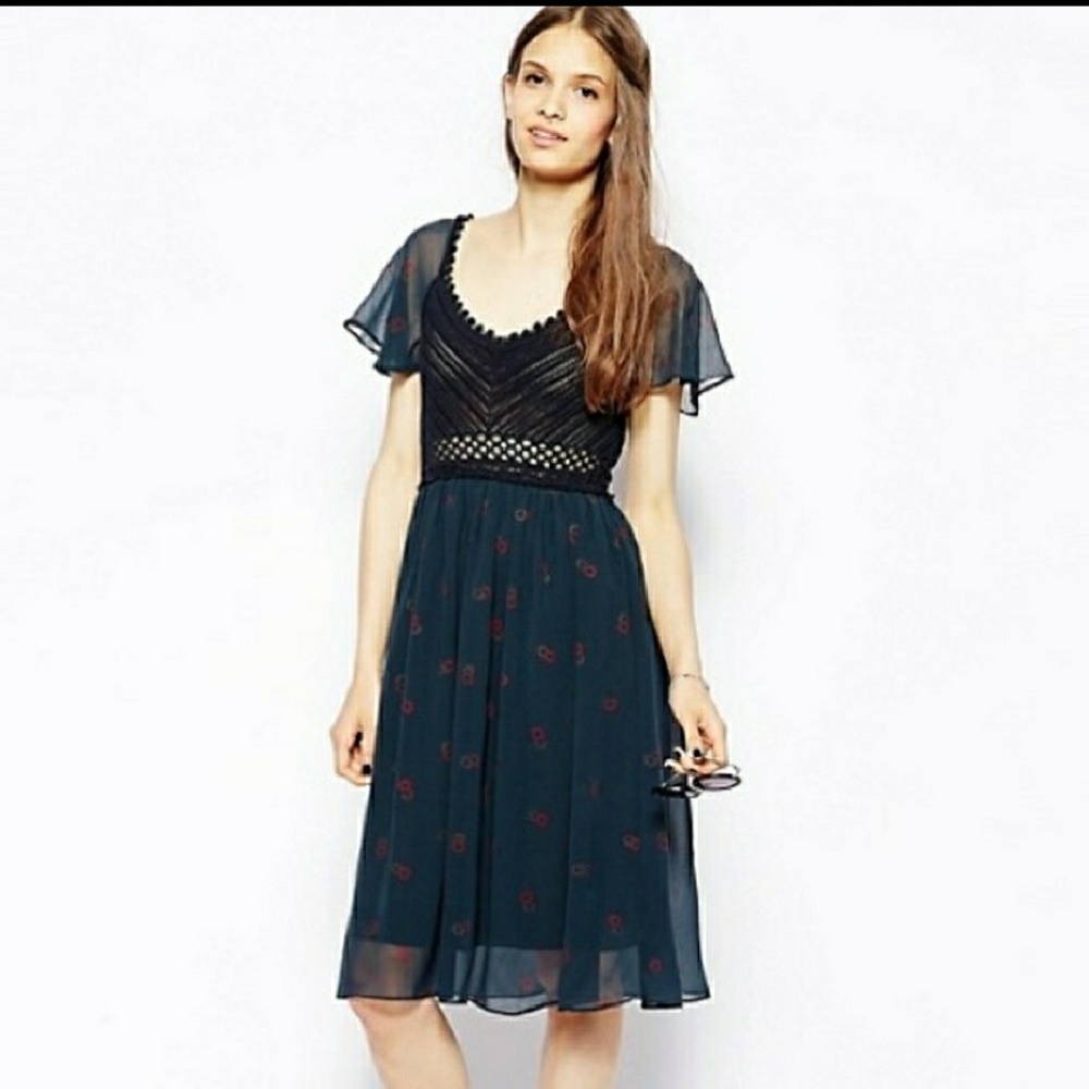 Free people crochet black chiffon flower dress